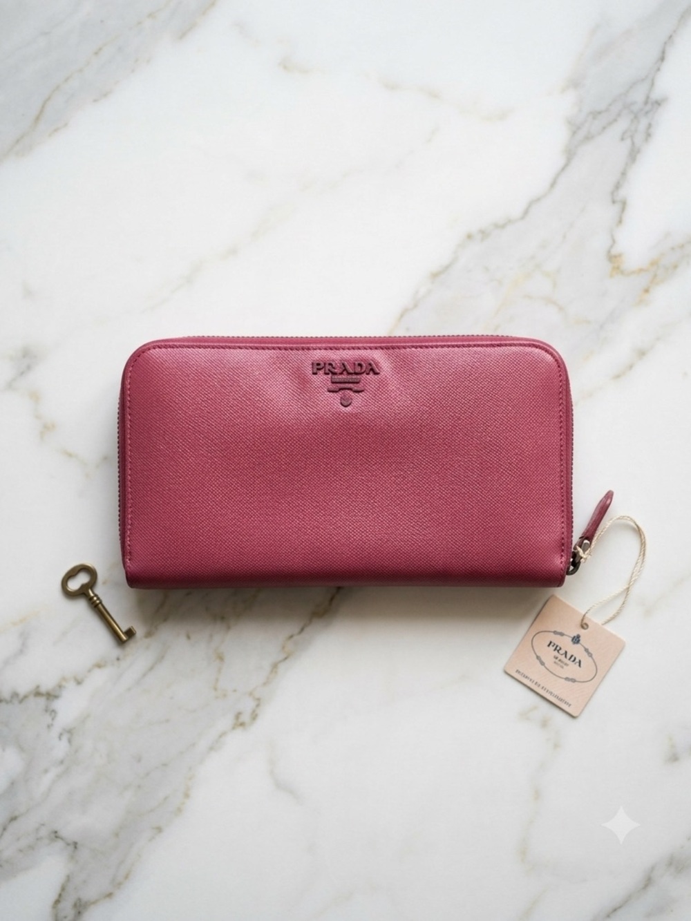 Prada Saffiano Zip Wallet in Raspberry Pink with Silver Hardware